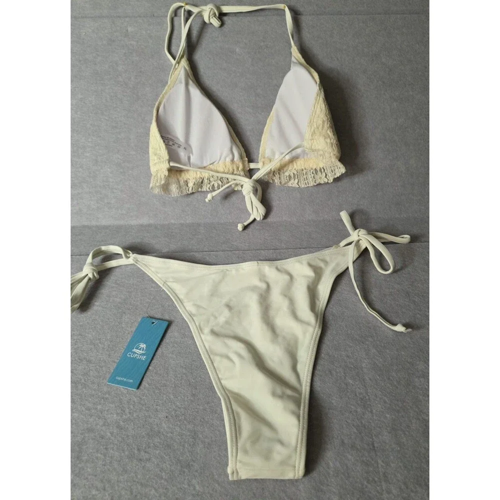 CUPSHE Cream 3 Pc Swim Set Women's Size XL Triangle Bikini Tie Side Cover Up NWT